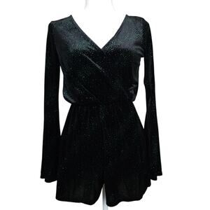 NWT Topshop Black Velvet Green Glitter Bell Sleeve Romper Size 2